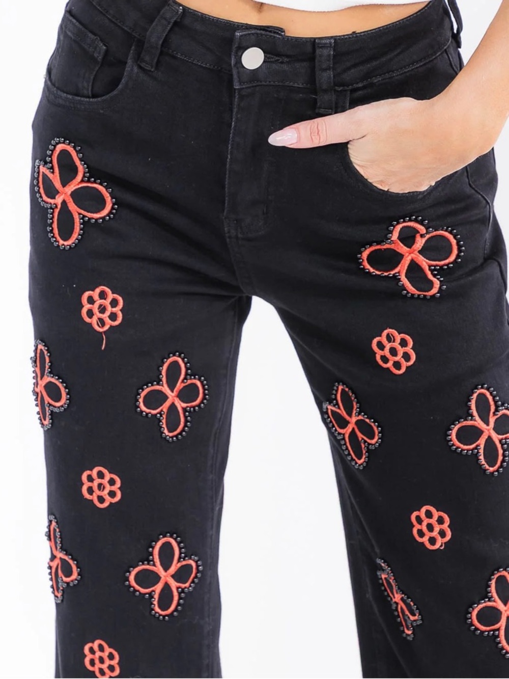 Blogger favorite Black Embroidered Straight Leg High Waist Statement Jeans - Picture 5 of 6